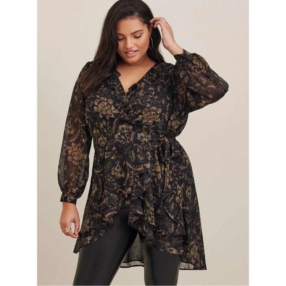Torrid 3X Black Gold Floral Chiffon Surplice Wrap Tunic Top Blouse Sheer Sleeve